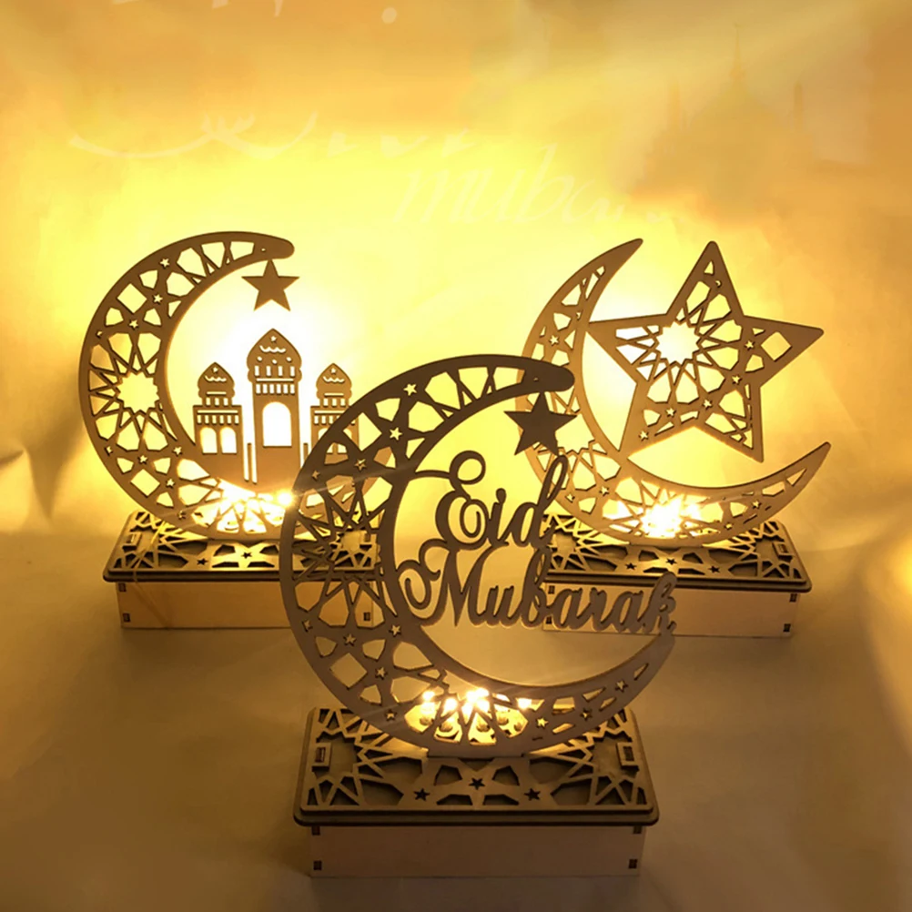 

Wooden Moon LED Lights Eid Mubarak Ramadan Festival Lamp Decorative Night Light for Bedroom Desktop Party Moon Night Lamp