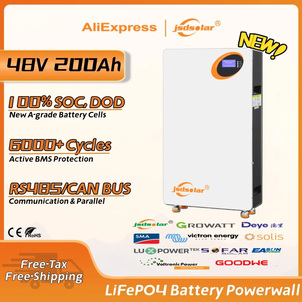 

jsdsolar 48V 200Ah LiFePO4 Батарея 10 кВтч Солнечная батарея 200A BMS 6000+ циклов Параллельная CAN BUS RS485 Солнечная энергопотребление