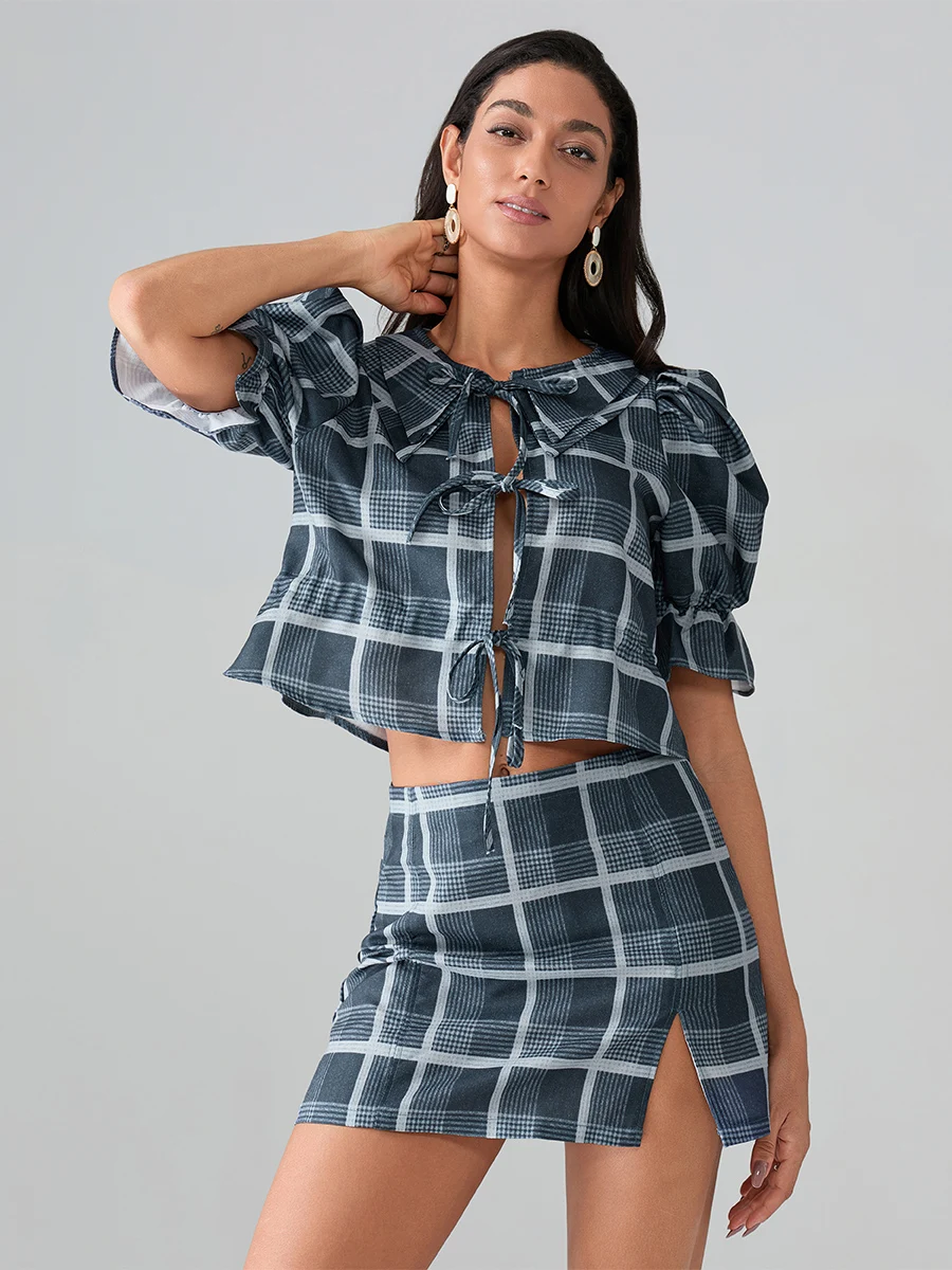 Women 2 Piece Outfits Summer Plaid Print Tie Front Short Sleeves Tops and Split Skirt Set for Streetwear