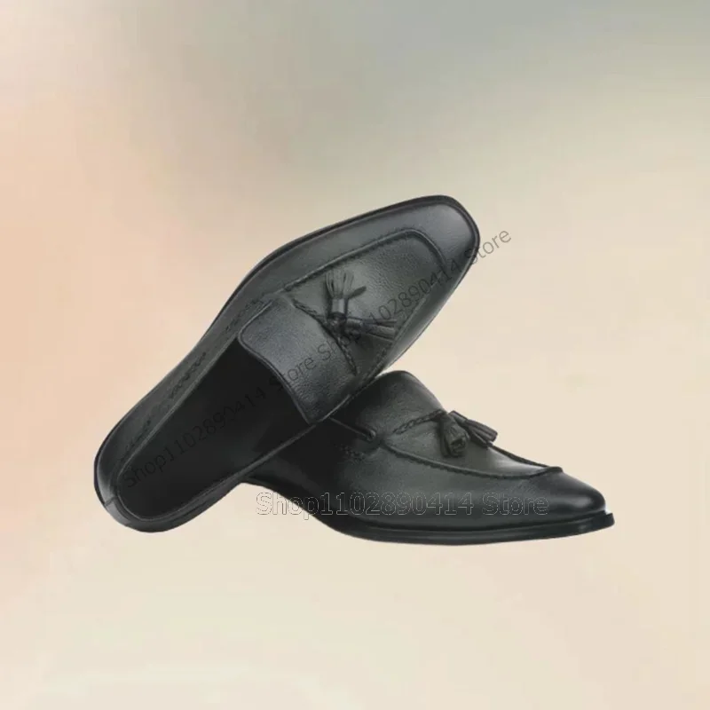 

Black Tassels Sewing Design Square Toe Loafers Fashion Slip On Men Shoes Luxurious Handmade Party Office Banquet Men Dress Shoes