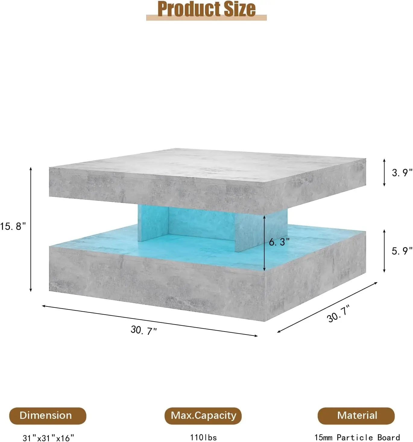 Modern Grey LED Square Coffee Table - 2-Tier Contemporary Wood Center Table with Storage, for Living Room/Dining/Reception