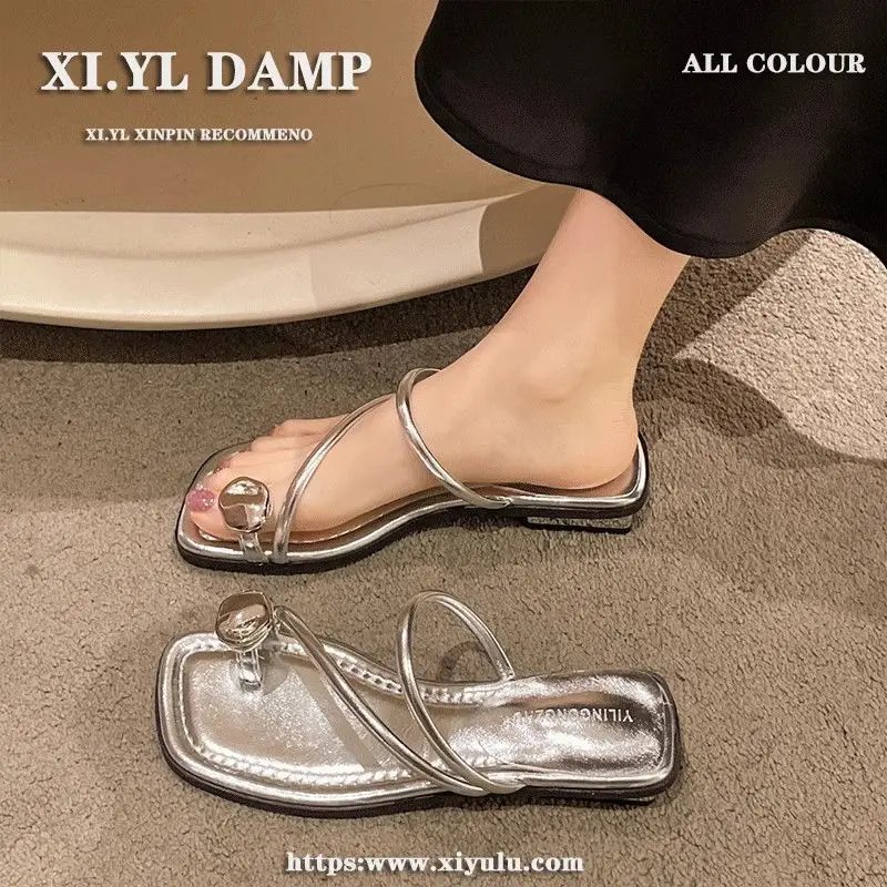 

2025 New Summer Style Silver Coarse Heel French Cool Slippers Fairy Shoes Toe Sandals