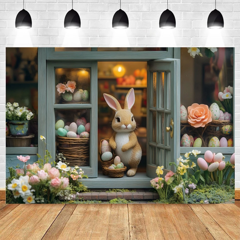 Primavera páscoa pano de fundo flores coelhos ovos loja interior chá de bebê crianças retrato festa de aniversário fotografia fundo decoração