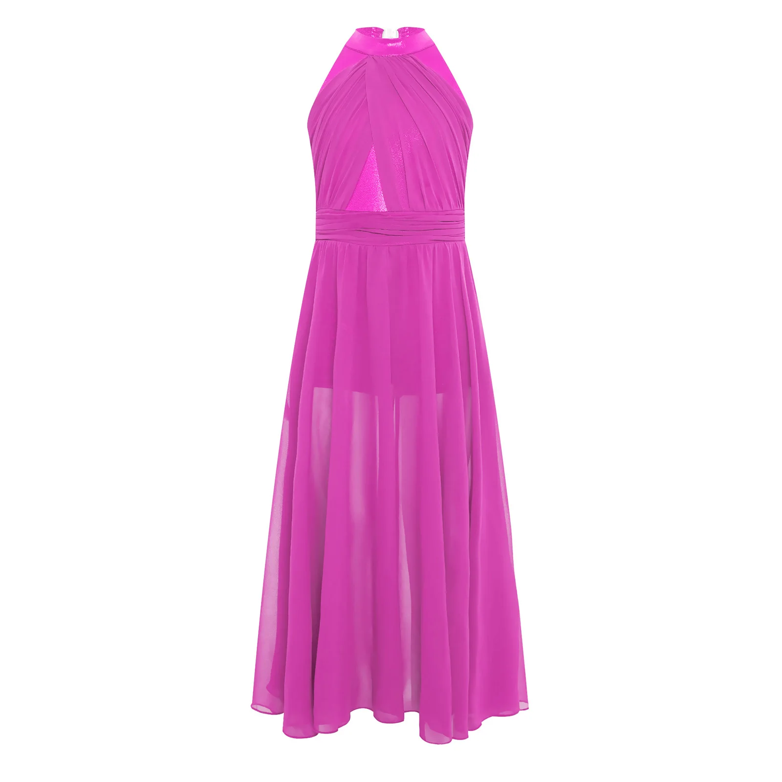 

Kids Girls Contemporary Lyrical Dance Leotard Dress Chiffon Dress Sleeveless Shiny Metallic Bodice Ruched Mesh Split Maxi Dress