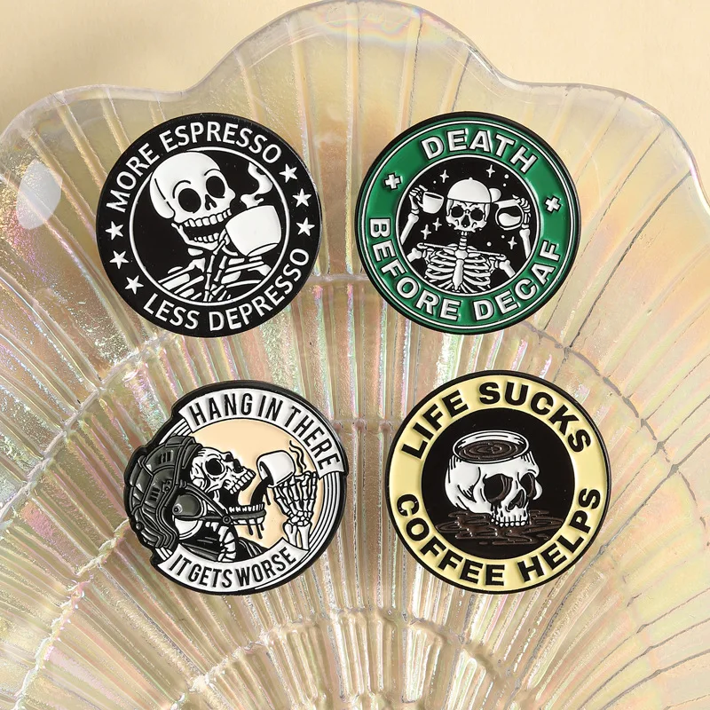 Cartoon Brooches Scary Skull-shaped Coffee-drinking Metal Badges Small Gifts Wholesale Bag Pins for Clothes Backpack Pin Brooch