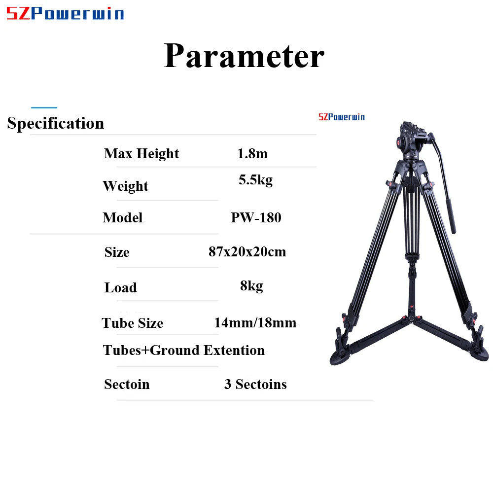 Powerwin PW-180B 180CM 72 Inch Heavy Duty Aluminium Professional Video Tripod with Ground Extension Fluid Head Gimbal Camera