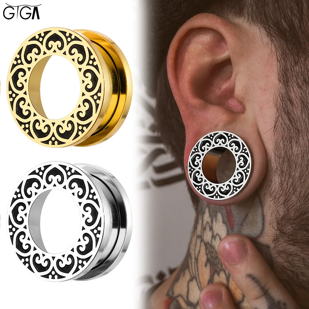 Giga 2Pcs Vintage Ear Plugs Gauges for Women Men 0g-1 Inch Stainless Steel Earlobe Expander Earrings Body Piercing Jewelry
