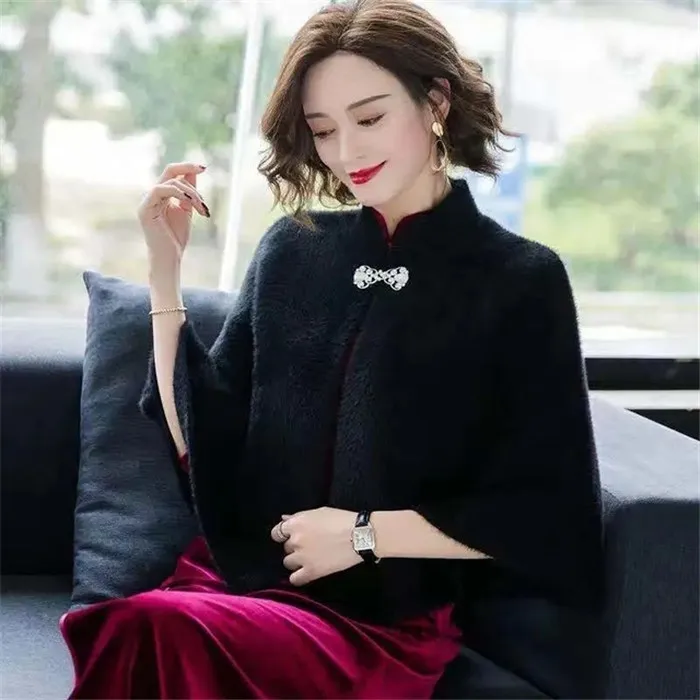 Women Imitation Mink Velvet Sweater Short Knitted Shawl Coat Autumn Winter Thicken Embroidered Cloak Elegant Cardigan Jacket