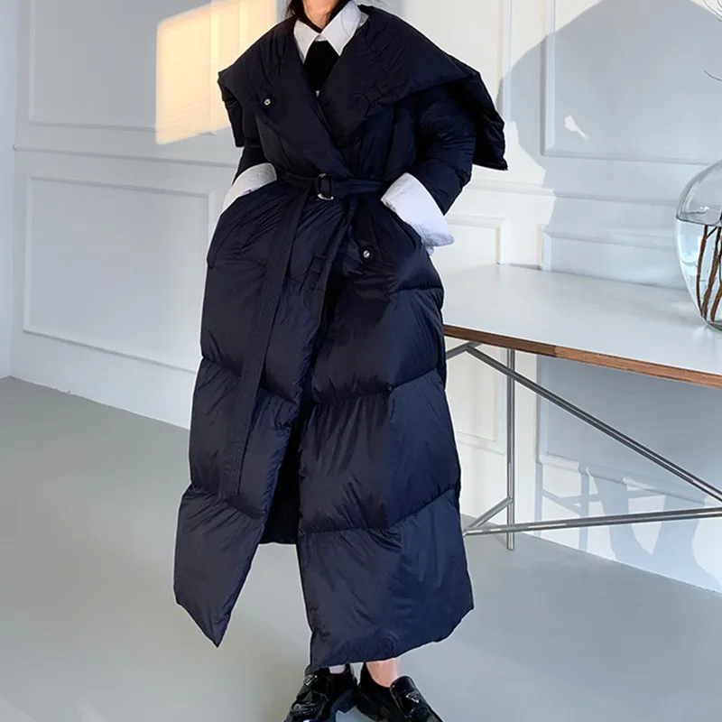 2025 Winter New European  American Shawl Extra Long Down Jacket Loose Versatile Over Knee Thicken White Goose Down Coats Female