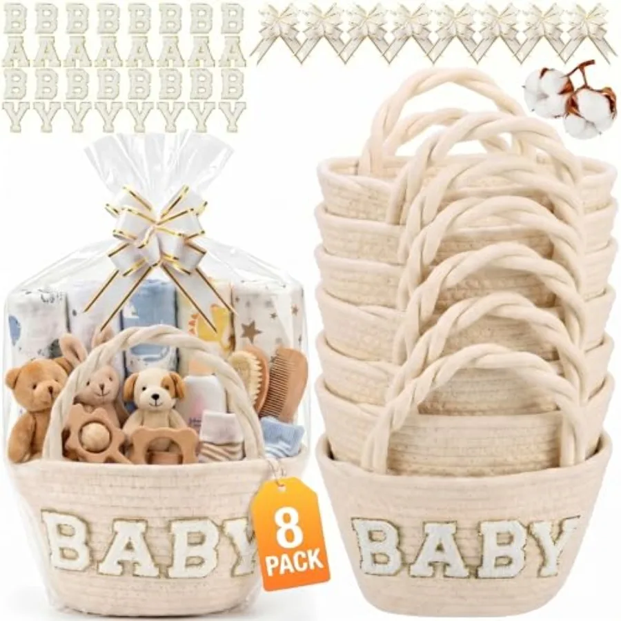 

8 Pack Small Woven Empty Baby Shower Gift Basket Kit with Handles, Cotton Rope Baby Baskets with Wrap Bags, Letter Patches, Bow
