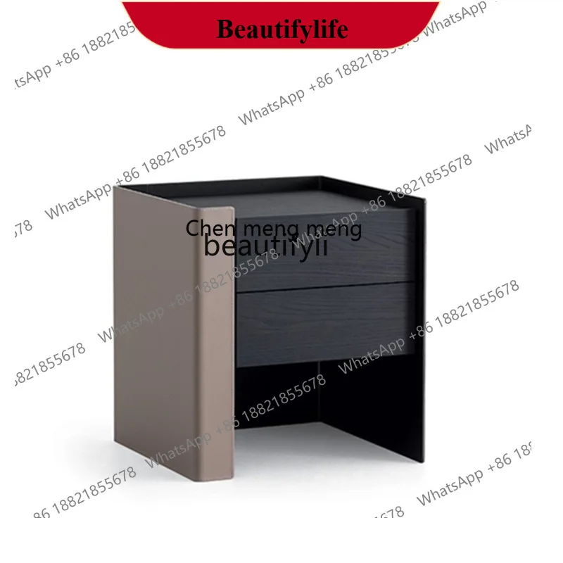 D178 Italian Minimalist Saddle Leather Modern Simple High-end Bedroom Smoked Solid Wood Bedside Cabinet