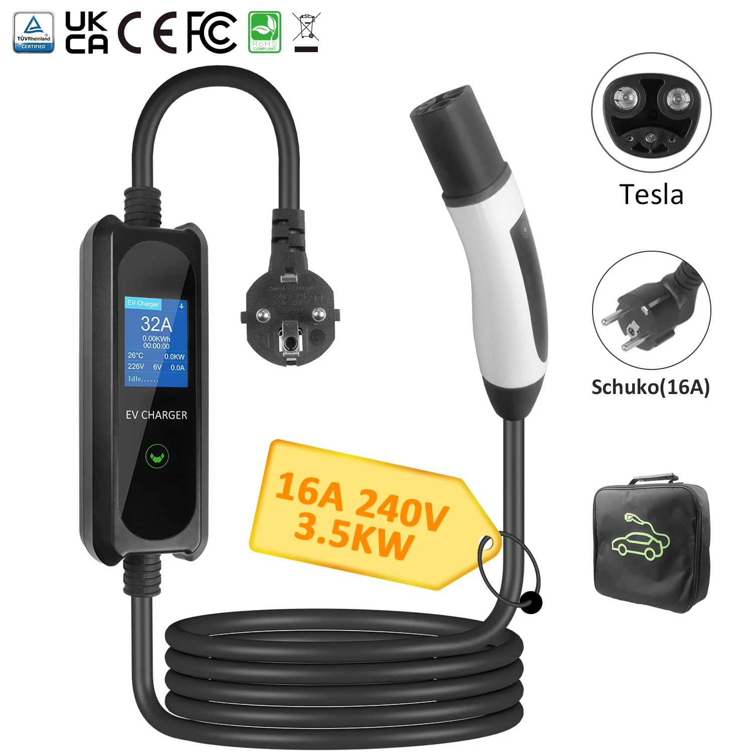 

Портативное зарядное устройство для электромобиля Schuko Plug IP66 с регулируемым током, зарядное устройство для электромобилей для домашних путешествий