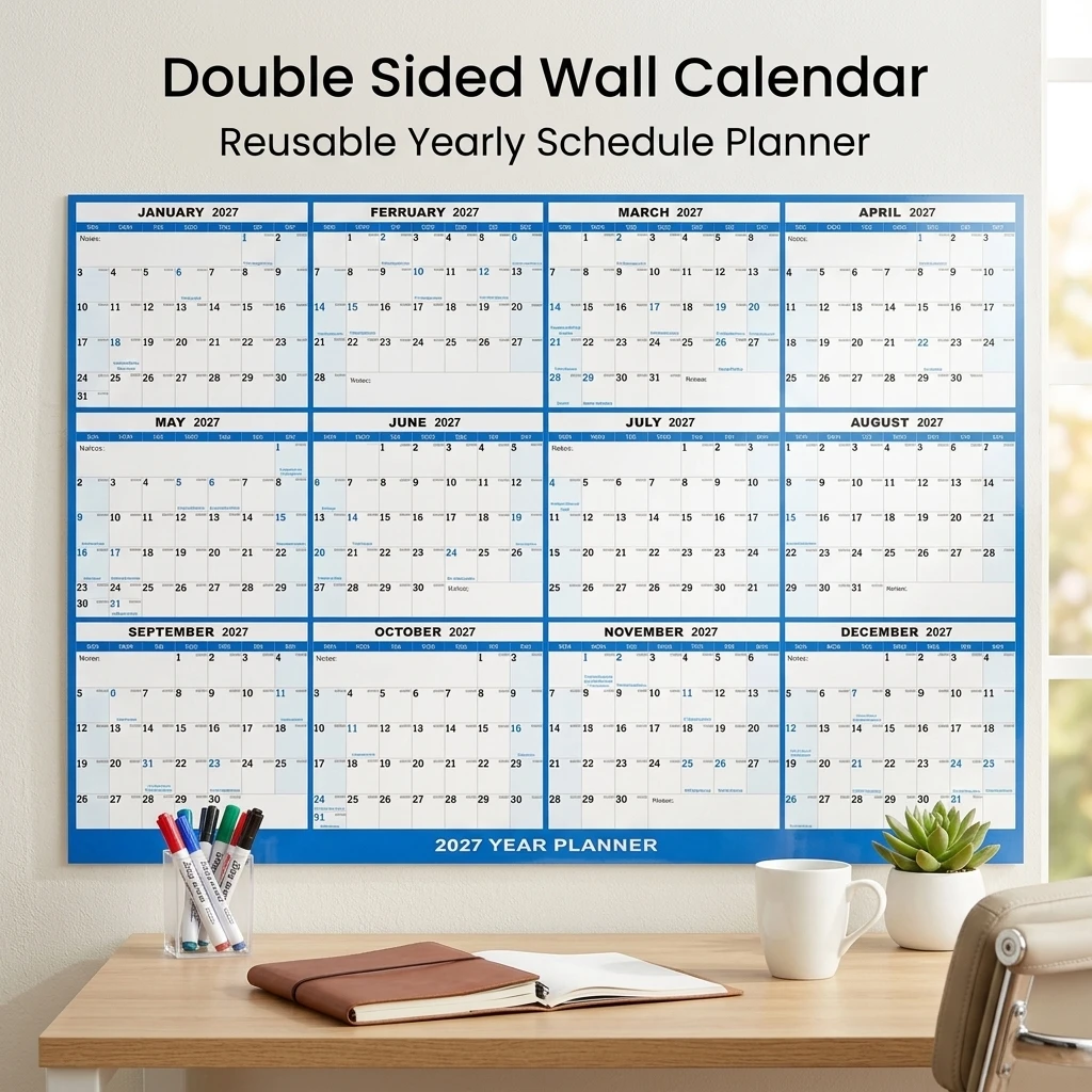 Wall Calendar Laminated Reusable Dry Erase Planner for Office Home Planning Foldable Double Sided Adhesive Large Organizer