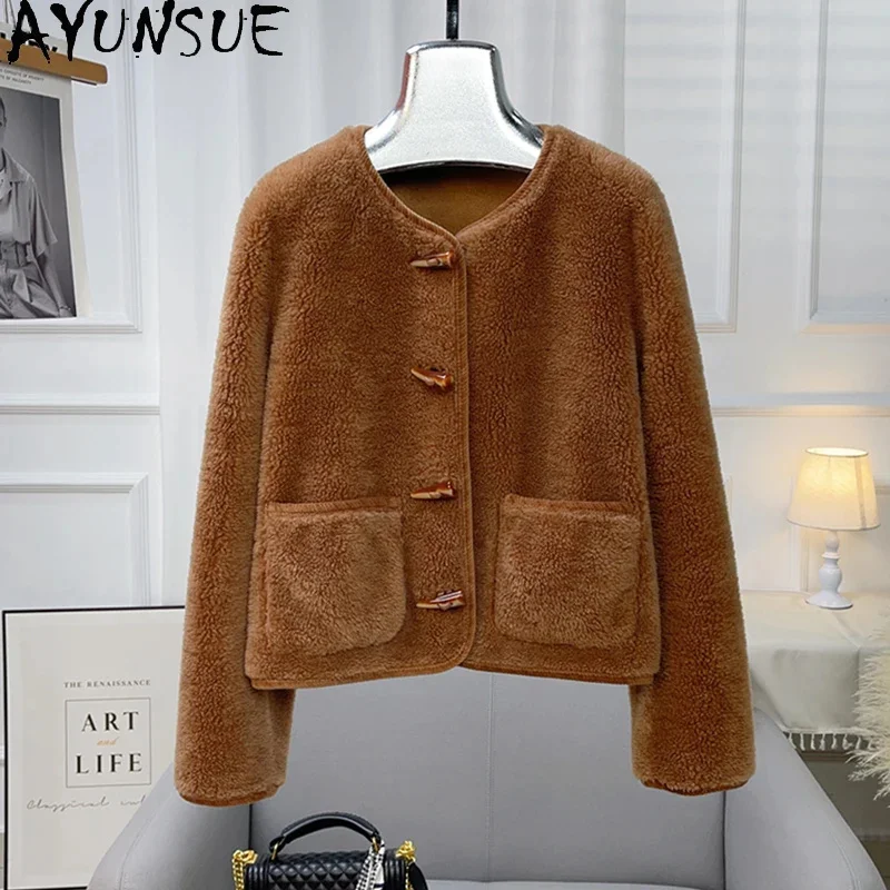 100% AYUNSUE Pure Wool Jackets for Women 2024 Fall Winter Short Sheep Shearing Coat Round Neck Fur Coats Horn Button Casacos