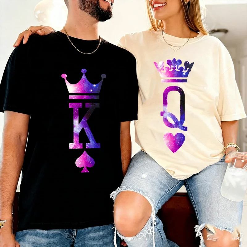 

King Queen Matching Couple Shirts His and Hers Printed T-Shirts Casual Short Sleeve Lovers Tees for Anniversary Gift 2026