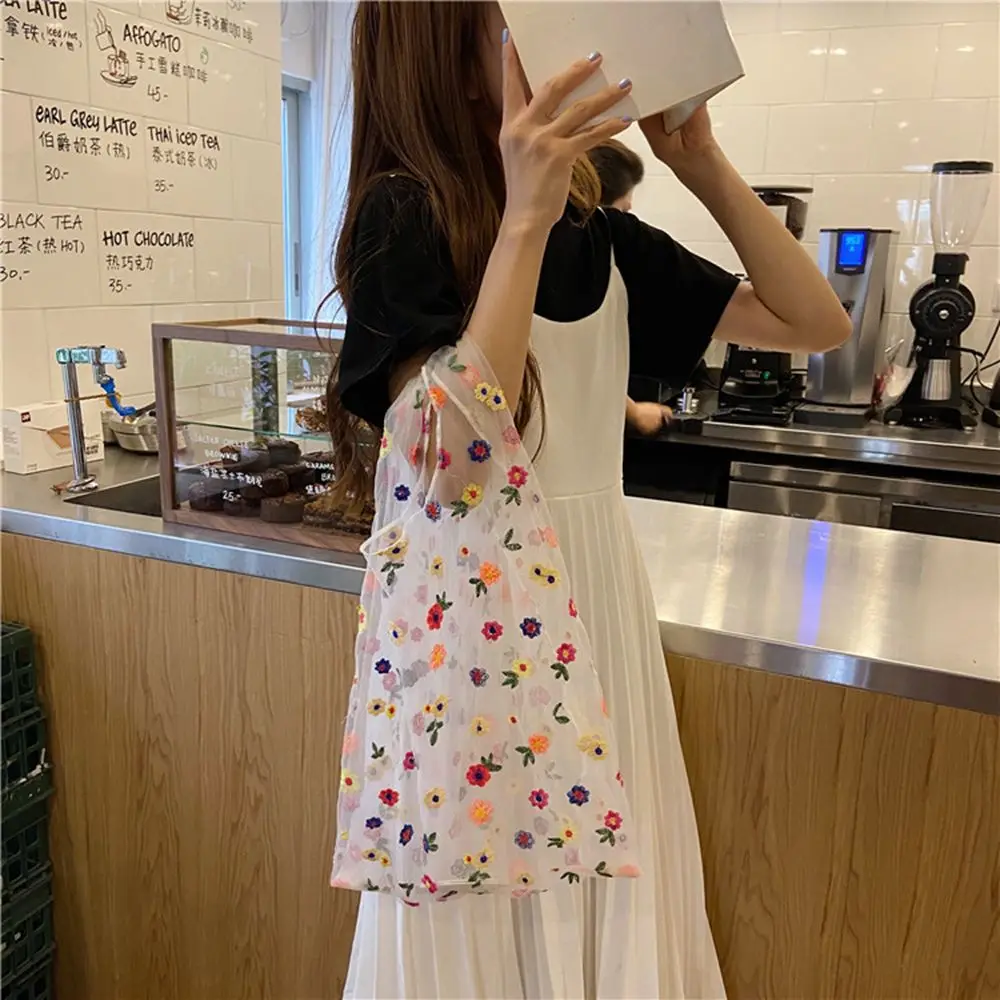 Women Transparent Tote Double Organza Yarn Cloth Bag Embroidery Flowers Handbag High Quality Eco Shopping Bag Purses For Girls