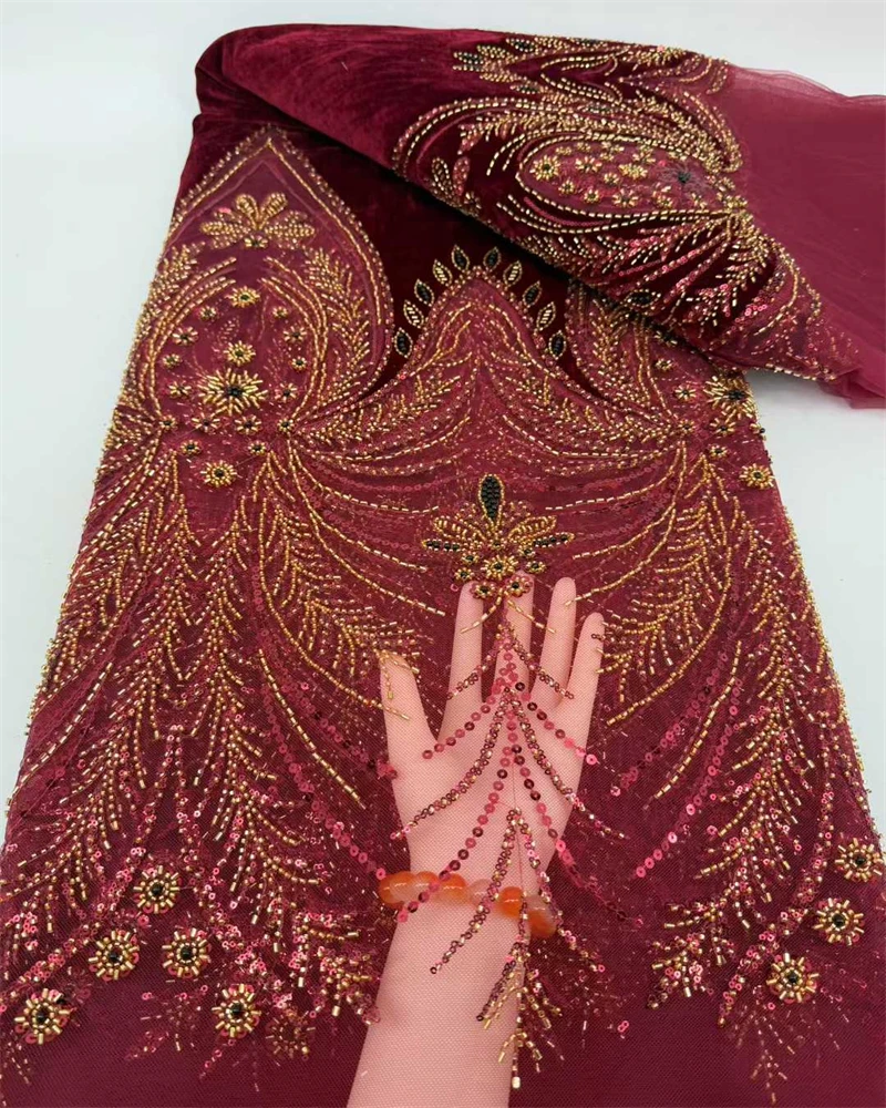 

Nigerian Luxury Sequins Velvet Lace Fabric 2026 High Quality Beads African Lace for Women Wedding Party Dresses French Style