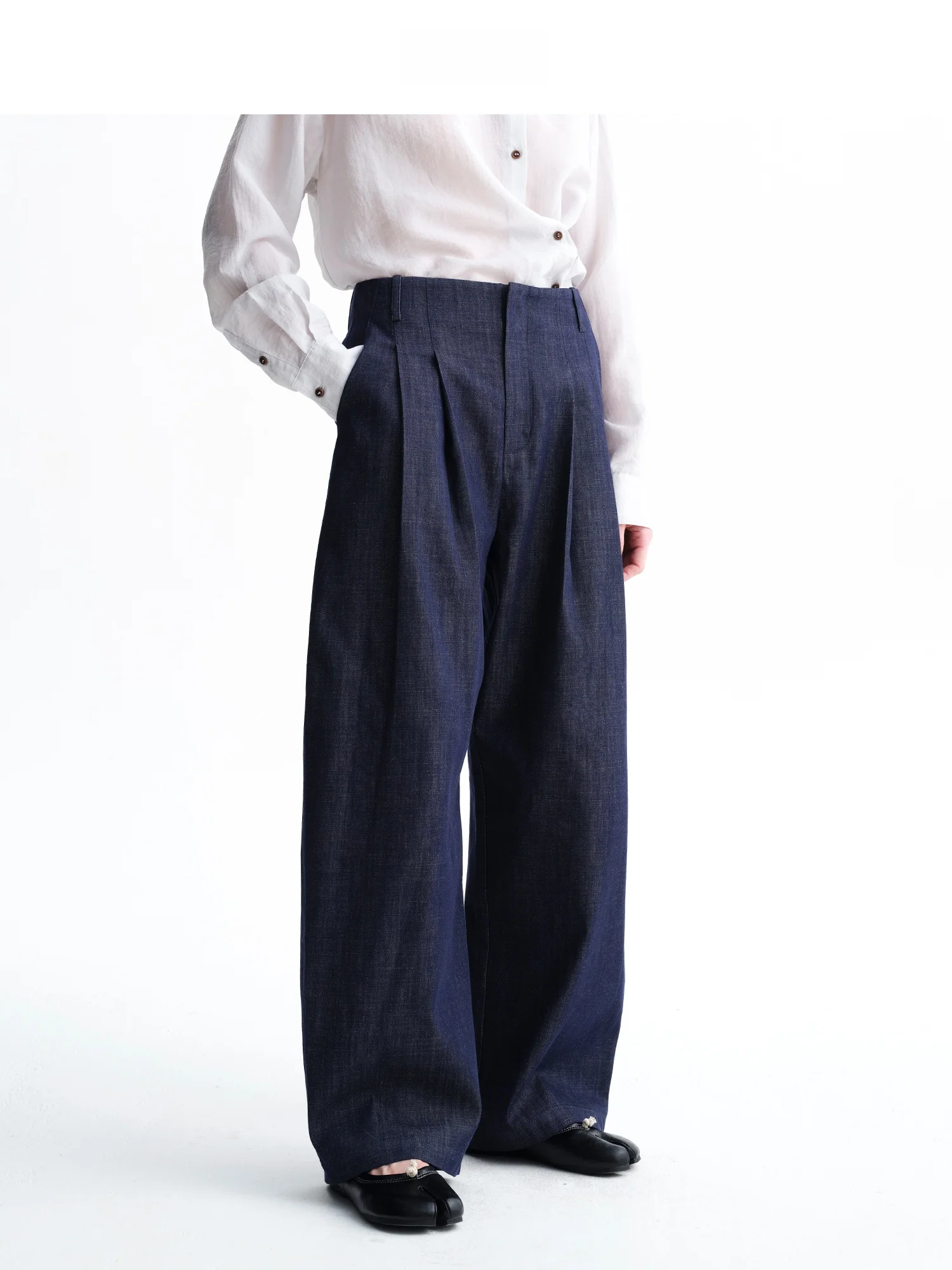 Natural  Cotton Double Pleat Loose Knife  Denim Jeans Women's mid Waist Straight Leg Blue Jeans Cotton Casual Pants