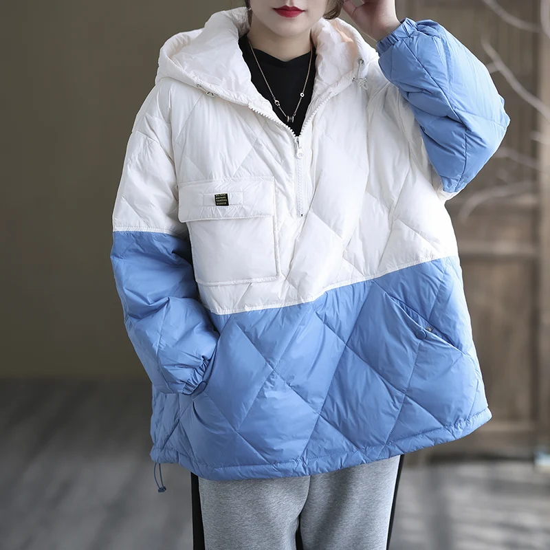 2022 New Autumn Winter Down Jacket Women\'s Lightweight Short Splicing Loose Hooded Pullover White Duck Down Warm Parkas