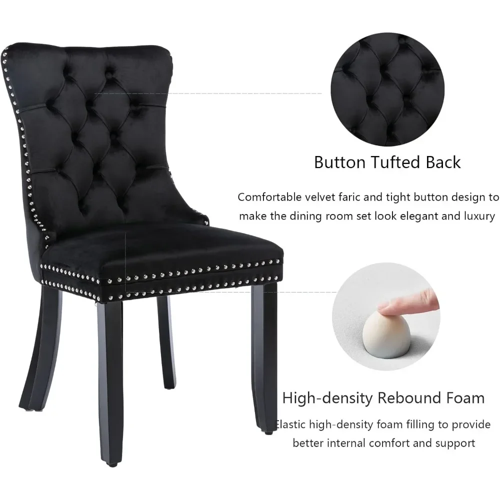 Conjunto de 4 cadeiras de jantar de veludo preto, cadeiras estofadas para sala de jantar com acabamento em anel e pernas de madeira maciça, cadeiras de jantar modernas