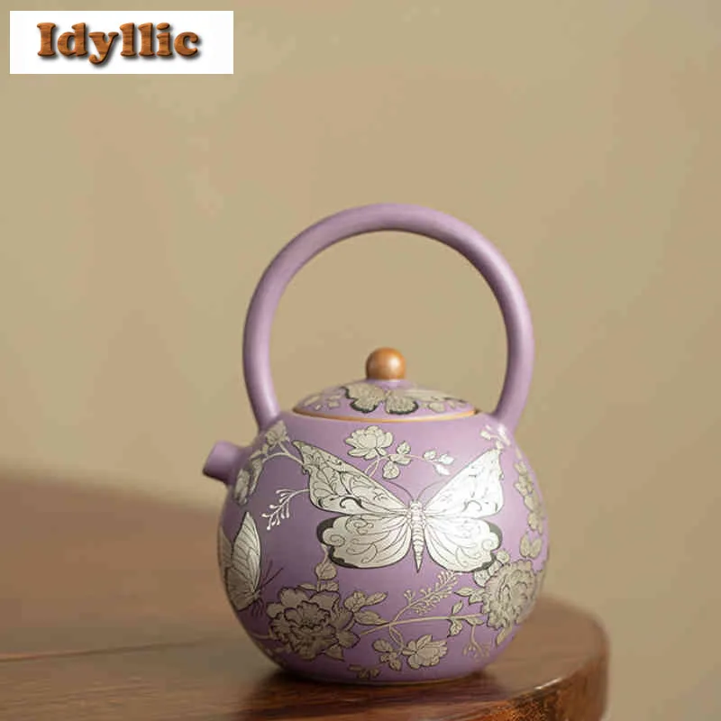 

250ml Ru Kiln Gilt Silver Butterfly Lifting Handle Teapot Luxury Tea Infuser Pot Tea Making Kettle With Ball Hole Cha Ornaments