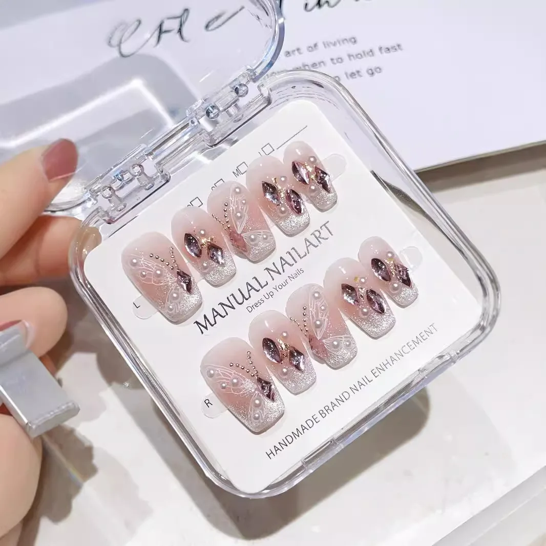 

10pcs Handmade Press on Nails Glittery Nude with Full Rhinestone Glitter Bow Fake Nail for Women&Girl Detachable Wearable Nail