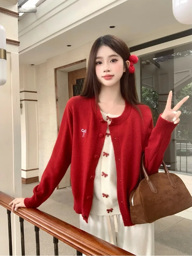 

Женский красный свитер-жакет больших размеров с узлом, осенне-зимний, новый, стройнящий, универсальный, вязаный, для повседневной носки, высокого качества