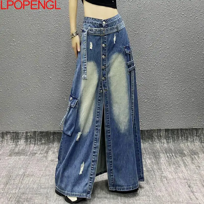 Personalized High Waist Slit Mid-length Denim Skirt For Women 2025 New Spring Summer  Loose Large Pocket Vintagea Hole Skirt