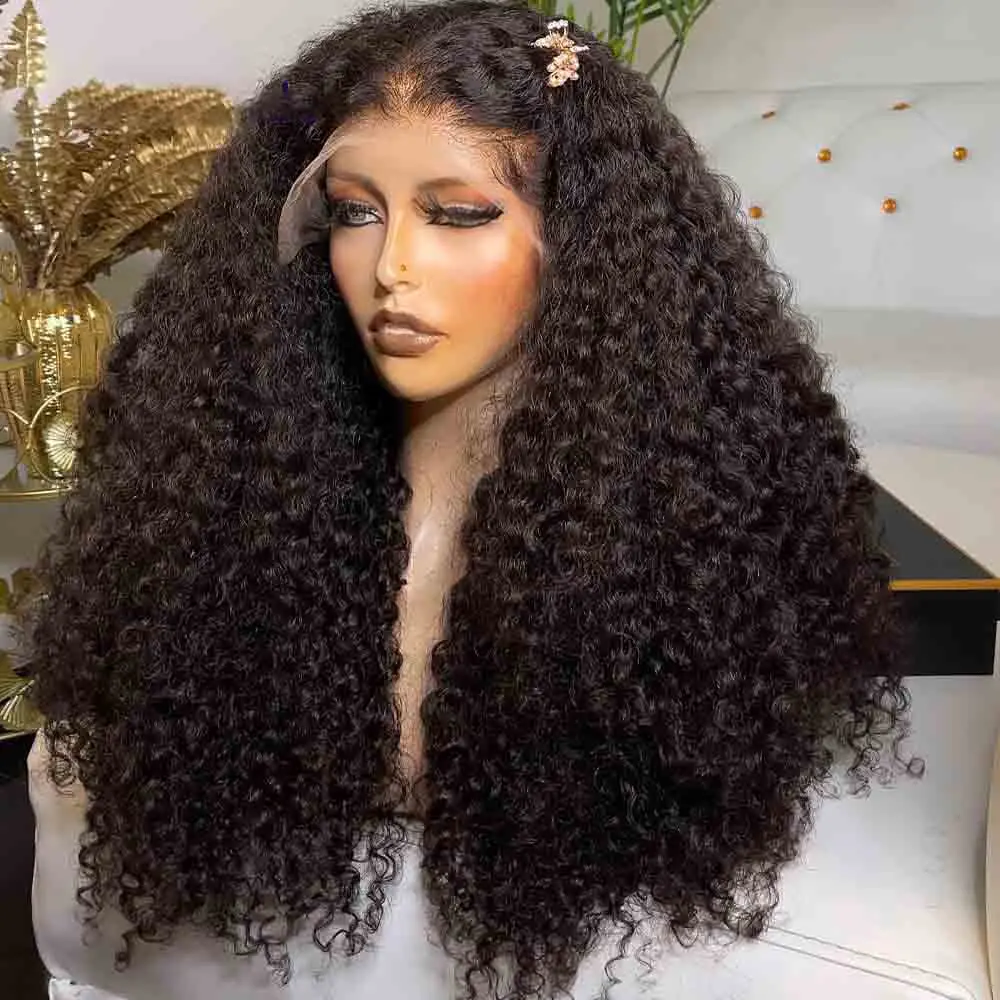 Long Middle Part Kinky Curly Glueless 180% Density Natural Black Water Wave Lace Frontal Wig For Black Women Babyhair Preplucked