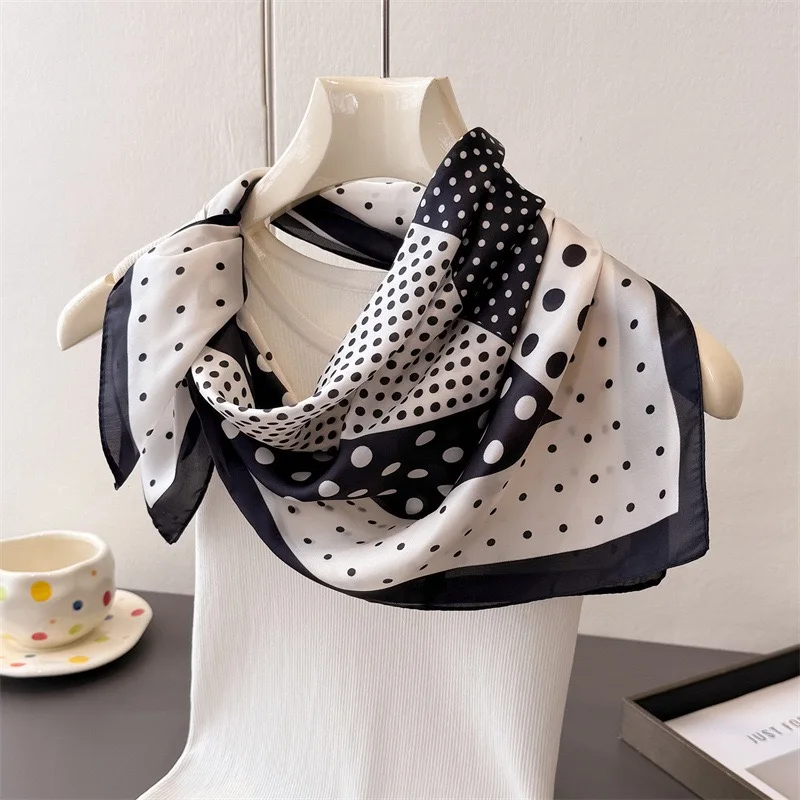 2026 Summer Circle Dot Print Square Silk Scarf for Women Hijab Hair Bands 70cm Neckerchief Female Satin Shawl Bandana Headband