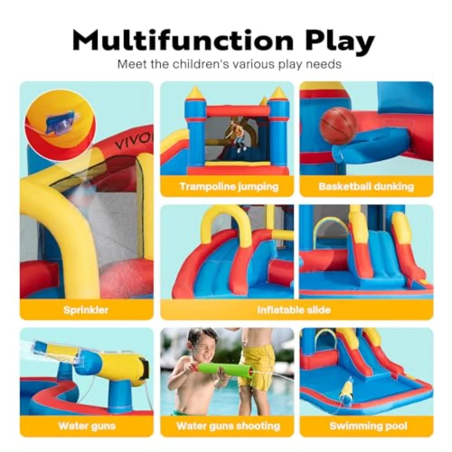 6 in 1 Bounce House for Outdoor Inflatable Bouncer 15x14 FT with Slide Basketball Climbing Sprinkler Water Pool Water