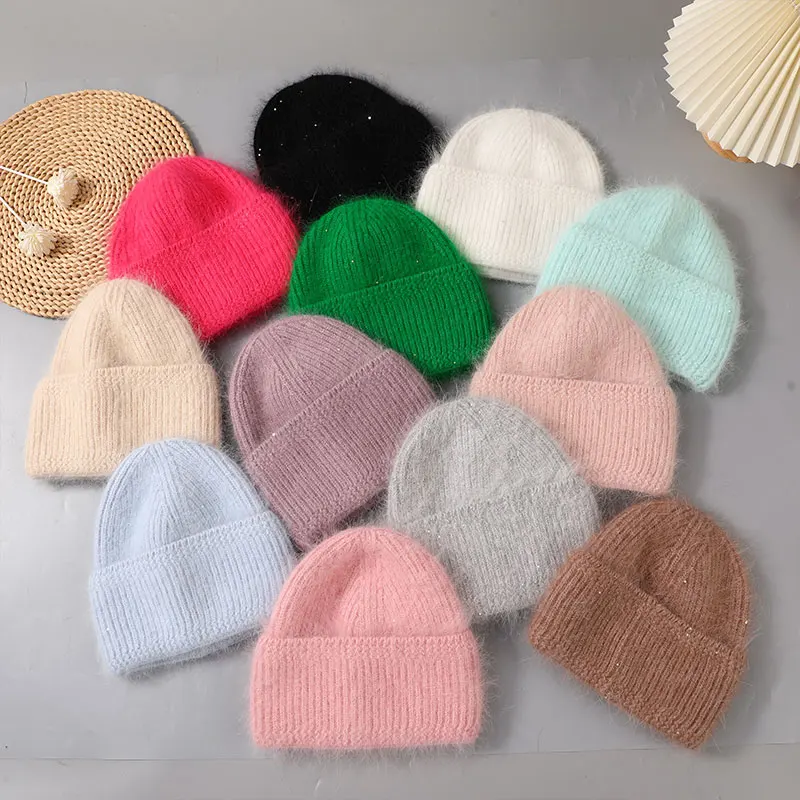 CNTANG 2024 Trend Women Hat Winter Warm Angora Long Rabbit Fur Beanies Knitted Cashmere Hats For Female Fashion Ladies Cap