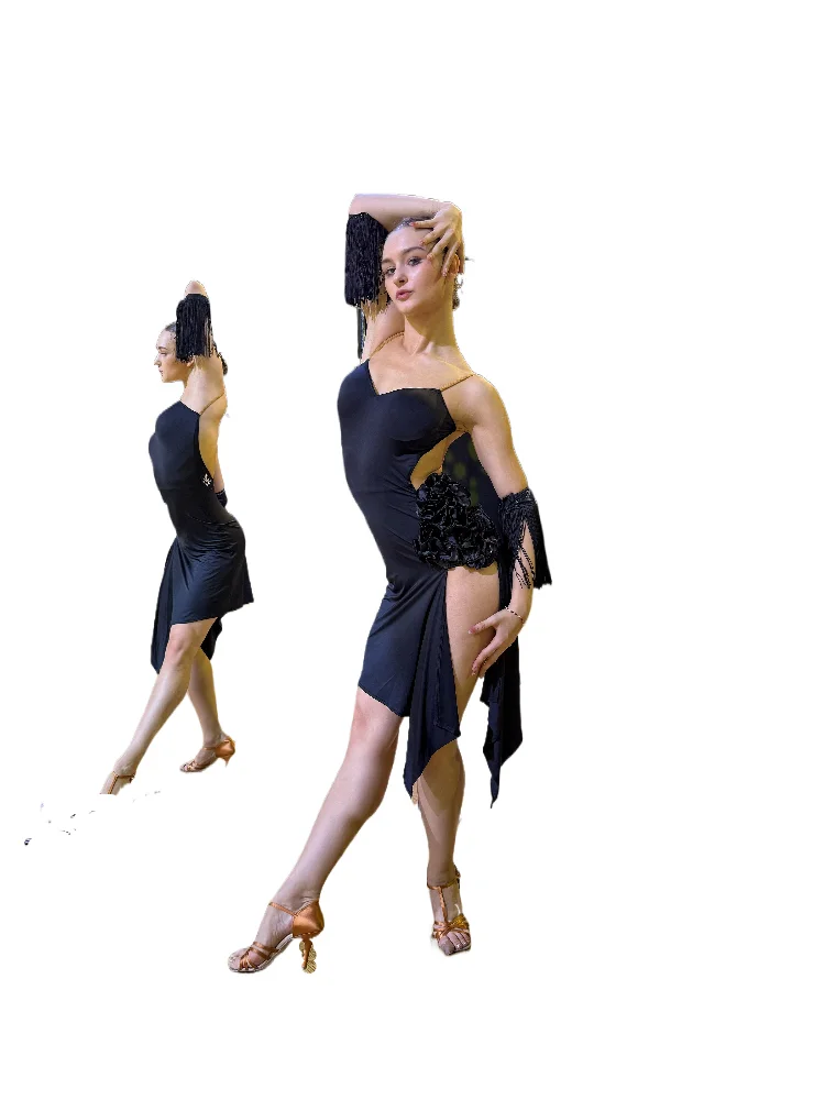 

MZDance Women's 3D Floral Latin Dance Dress, Side Slit Irregular Hem Performance and Training Dance Costume
