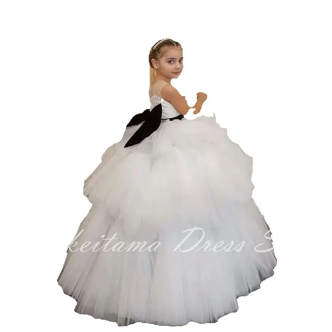 Luxury White Sleeveless O-Neck Flower Girl Dresses For Wedding Princess Tulle Floor Length First Communion Gowns With Bow