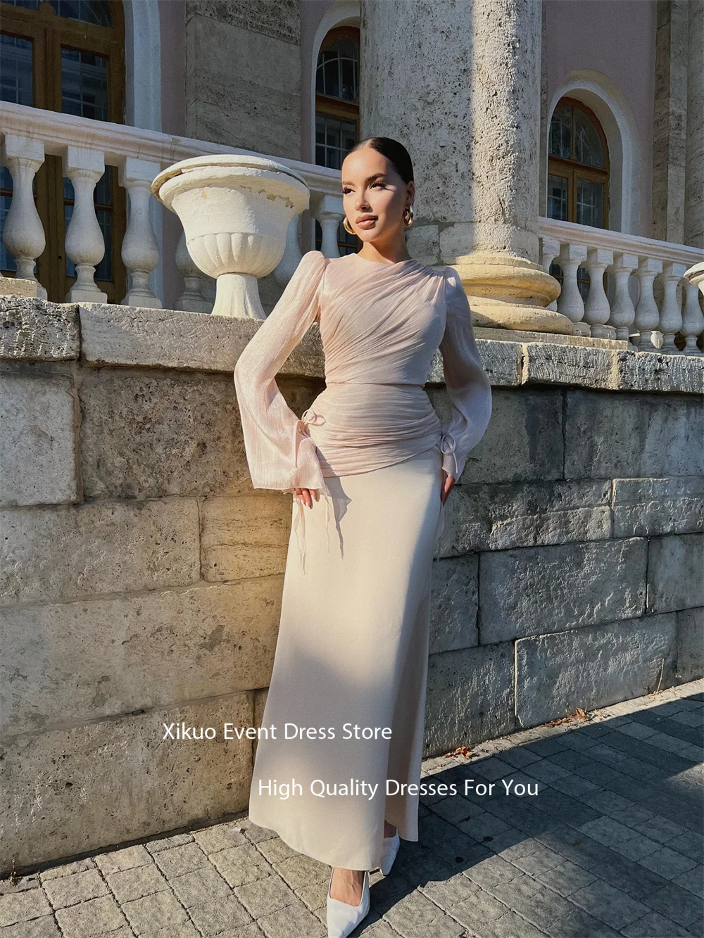 Xikuo Long Sleeves Elegant Evening Dress Straight Ankle Length Prom Gown Ruched Bodice Round Neck Sukienka Wieczorowa Customized