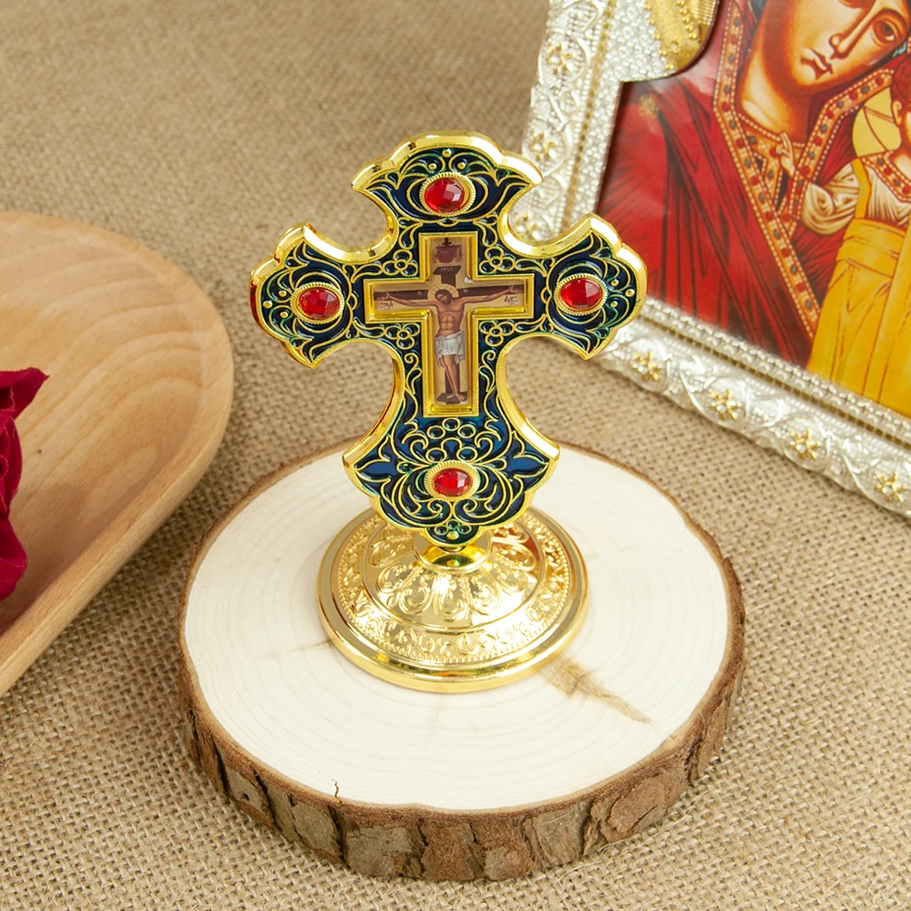 HTISOK Ostorthodoxes Kreuz Jesus-Kruzifix Christliches Standkreuz mit Sockel für Kirchen- und Heimdekoration Religiöse Artikel – Detail 7