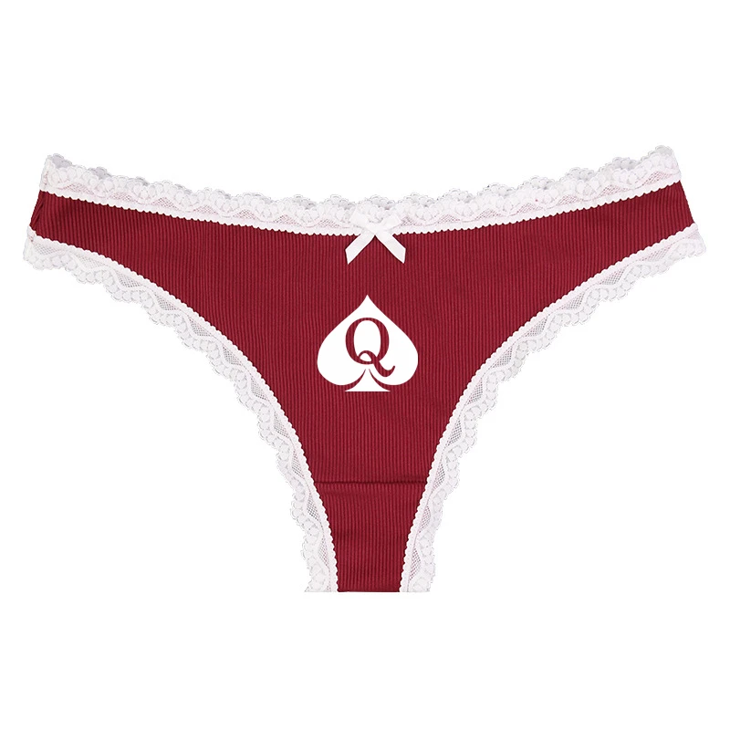 QOS Sexy Women\'s Thong Temptation Queen of Spades Lace Edge Beautiful Bow Low Plus Size Waist Panties String Femme G String