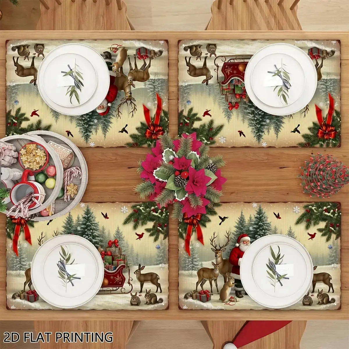 Christmas Placemats Set of 4 Vintage Forest Deer Linen Table Mats Non-Slip Heat Resistant for Rustic Holiday Dining Decor