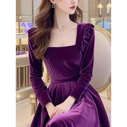 2025 Spring Autumn Purple Golden Velvet Dress Women High End Casual Elegant Long-Sleeved Pullover Elegant Vestidos Dress Femme