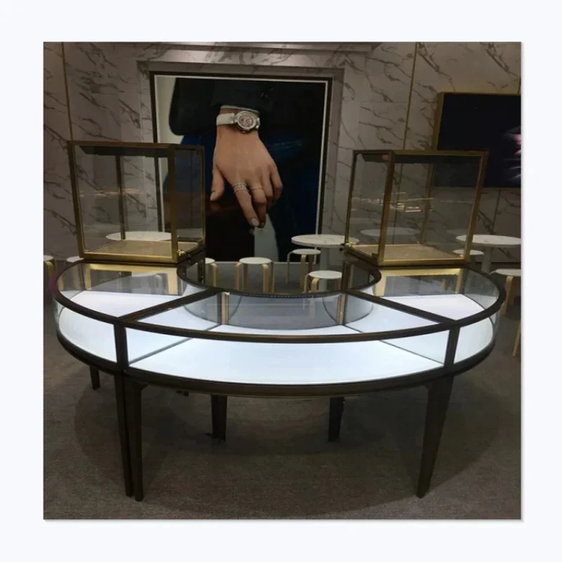 custom.Round Glass Jewellery  Display Stand Gold Jewelry Counter Display Retail Shop