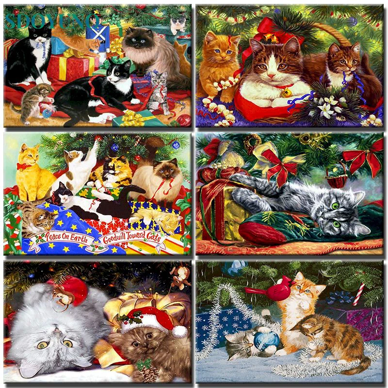 SDOYUNO Digital Oil Painting By Numbers Kit Handpainted Picture By Number Christmas Cat Animal Drawing Canvas Home Decoration