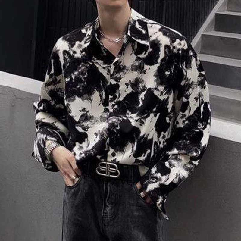Men Clothing Spring Korean Fashion Vintage Ink Painting High Street Shirt Casual Lapel Long Sleeve Loose Tops Camisas De Hombre