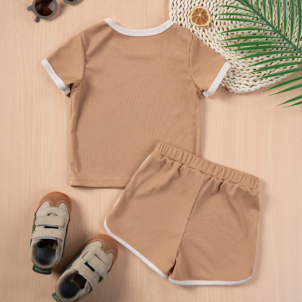 2023 Children Ribbed Solid Tracksuits Summer Toddler Boys Girls Casual Baby T-shirts+Shorts Clothes Sets Outfits Fashion Suits