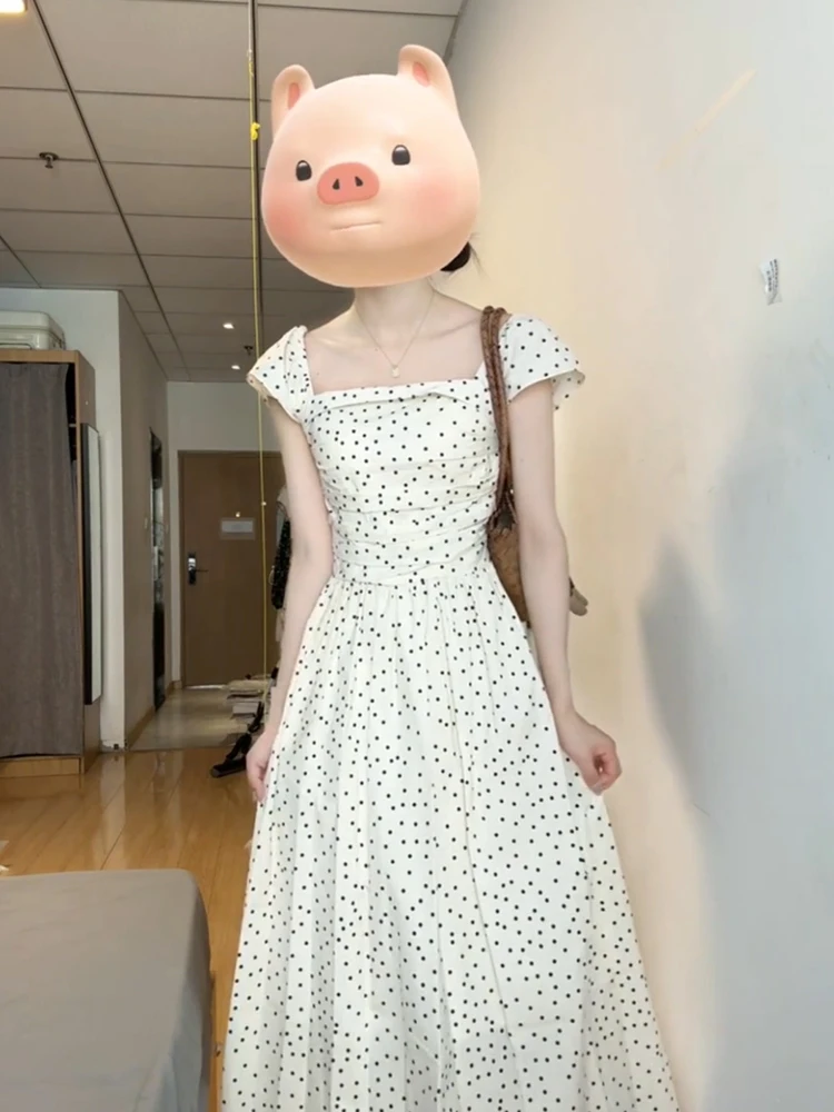 

XZY Chic Polka Dot Short Sleeve Long Dress Women's Summer Slimming A-Line Skirt Korean Style Commute Fashion plus Size