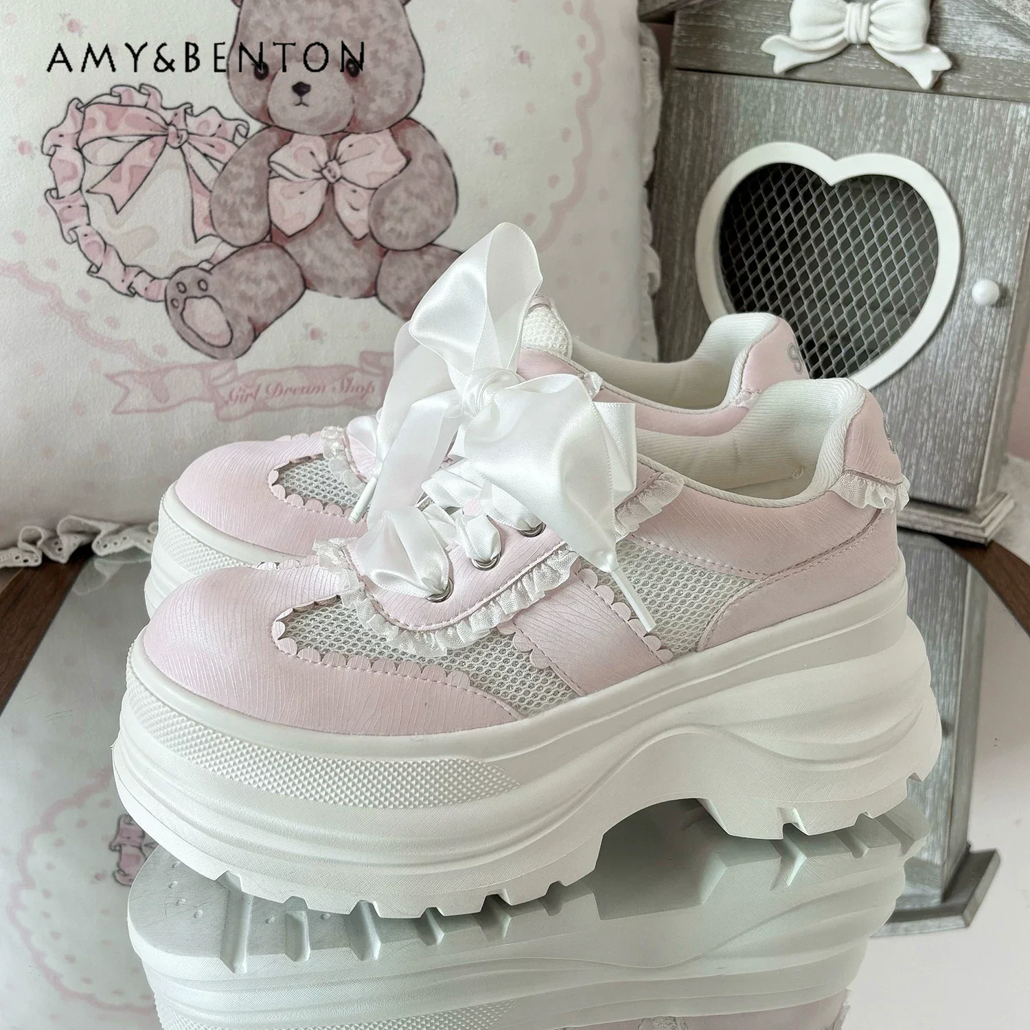 

Lolita Shoes Platform Shoes Mine Series Mass Production Series Cute Lace Trim Bow Thick Sole Daily Casual Versatile Sneakers
