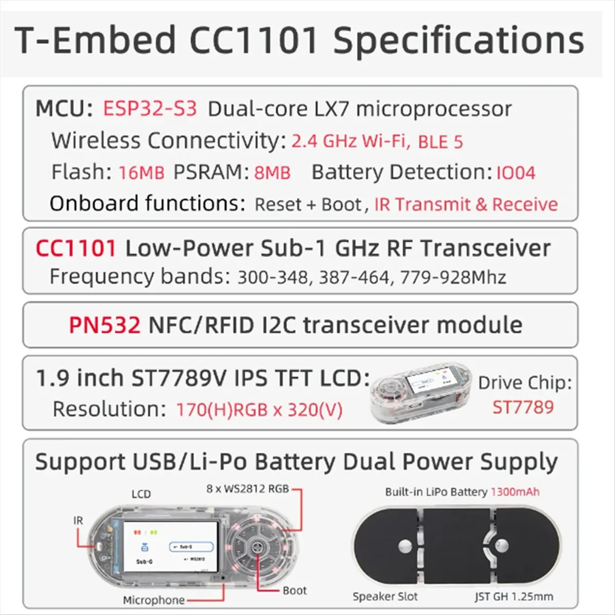 A14G T-Embed - CC1101 Low-Power Sub-1 GHz Transceiver PN532 RFID Module LCD Board Built-in Battery 1300mAh