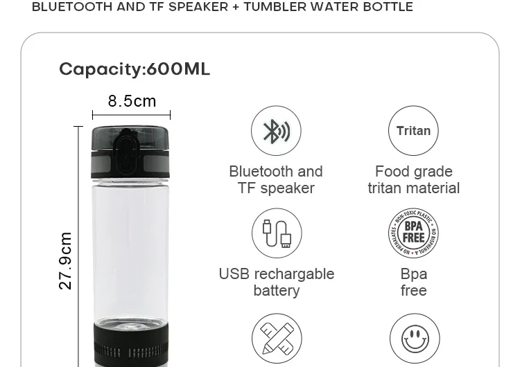 For 17oz Outdoor Camping Cycling Hiking Tritan Coffee Water Bottle with Bluetooth TF Loud Speaker