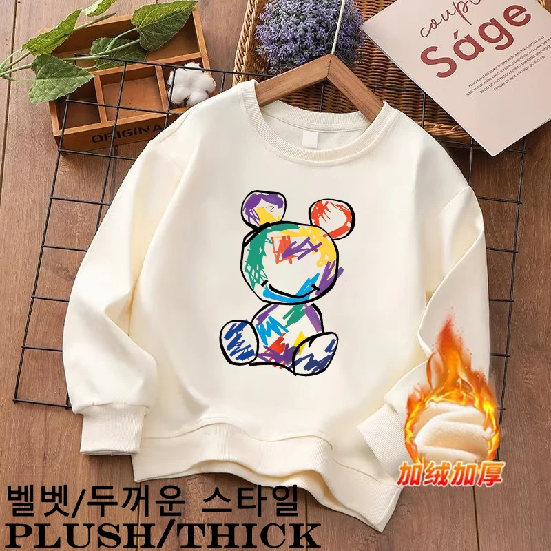 남아용 따뜻한 스웨트 셔츠, 두꺼운 O넥 봉제 긴팔 티셔츠, 멋진 그래피티 곰 프린트 상의, 어린이 5-12 세, 신상