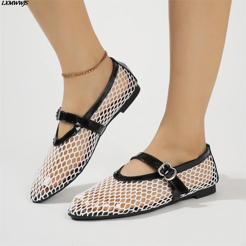 Women Ballet Flat Shoes Mesh Hollowed Out Sandals Summer Breathable Mary Jane Ladies Casual Fashion Buckle Big Size Single Shoes