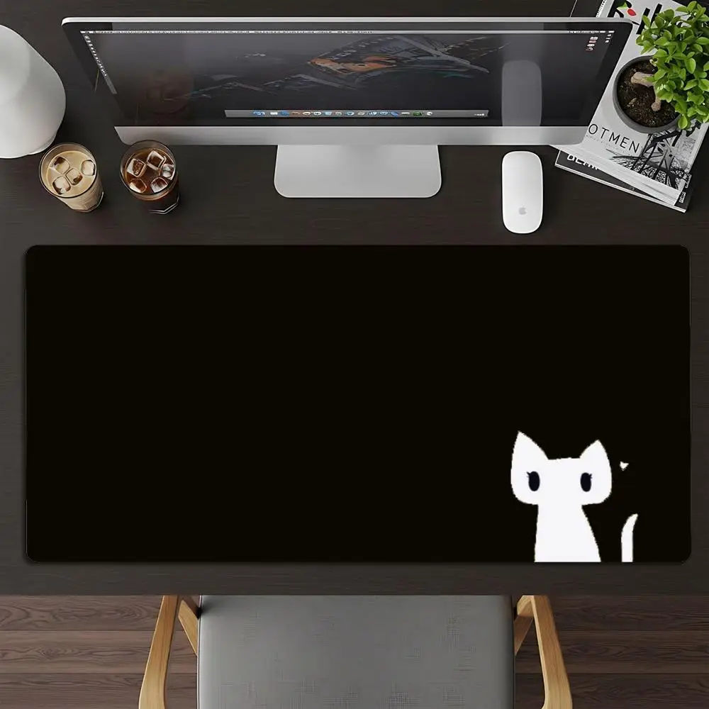 Large Minimal White Cat XXL Gaming Mouse Pad Black Solid Deskmat Non-Slip Rubber PC Keyboard Game Desk Mats Mousepads